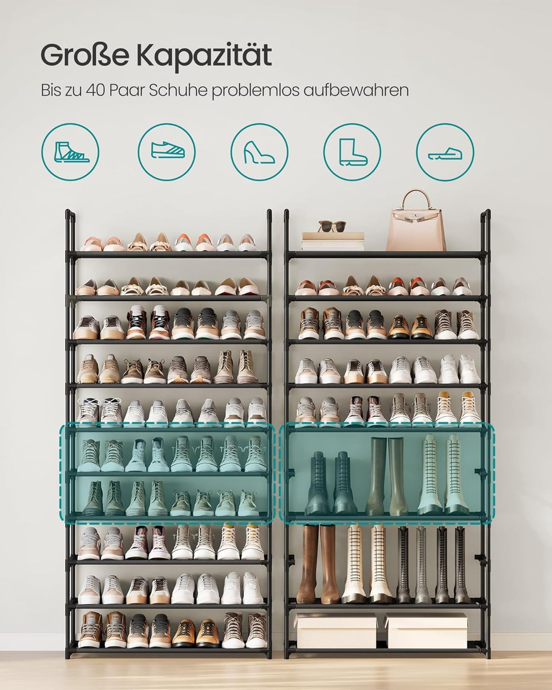 SONGMICS Schuhregal, 10 Ebenen, Schuhablage, Schuhaufbewahrung, schmal, 28 x 83 x 173 cm, Metallgest