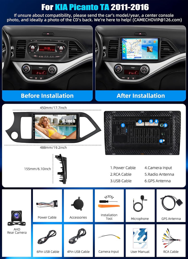 CAMECHO 2G+64G Android 15 Autoradio für KIA Picanto TA 2011-2016, 9 Zoll Touchscreen Carplay Autorad