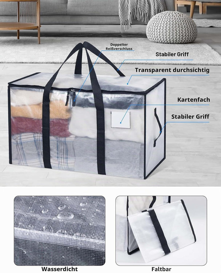6 Stück 90L Aufbewahrungstasche, Grosse Transparente Umzugstaschen mit Reissverschluss Griff Faltbar