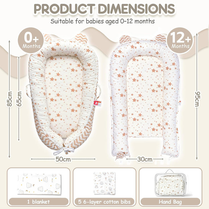 Soontrans Babynest für Neugeborene mit Kordelzug &amp; Tragetasche (Sterne) | Nestchen Baby Geborgenheit