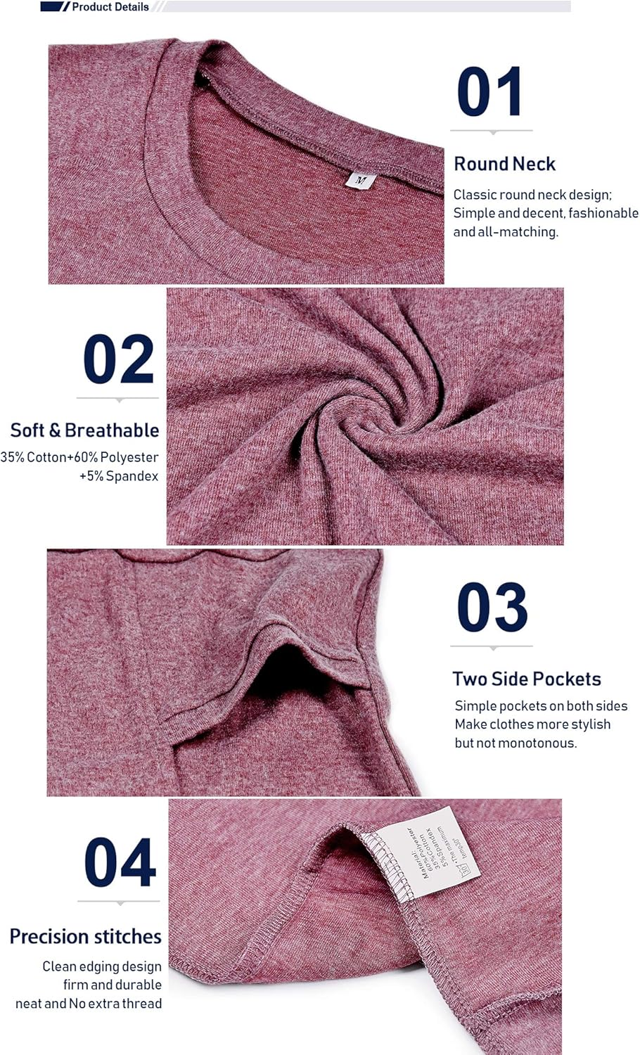 AUSELILY Damen Langarmshirts Rundhals T Shirts Blusen Tunika Sweatshirt Pullover Mit Taschen Weinrot