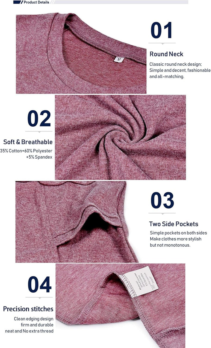 AUSELILY Damen Langarmshirts Rundhals T Shirts Blusen Tunika Sweatshirt Pullover Mit Taschen Weinrot