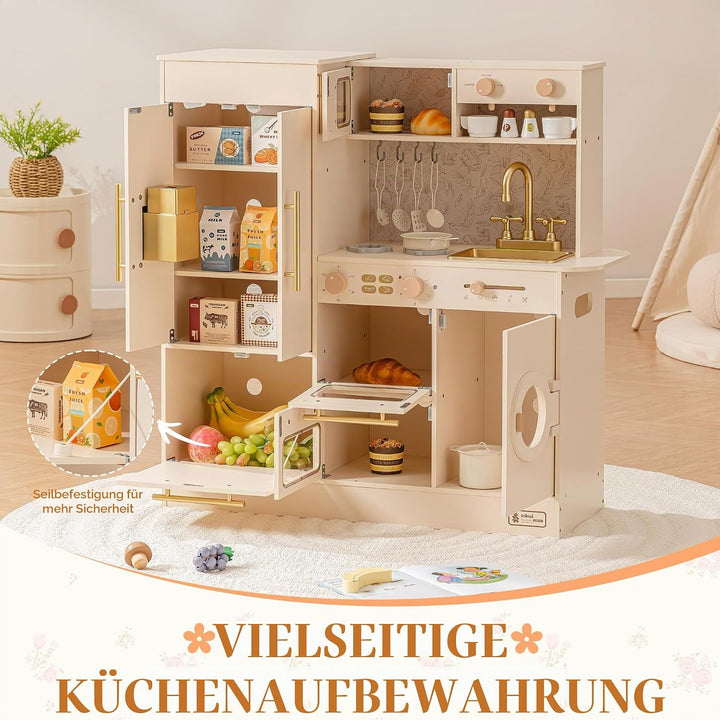 ROBUD Kinderküche aus Holz, Spielküche für Kinder mit 17 realistischen Zubehörteilen, Küchenspielzeu