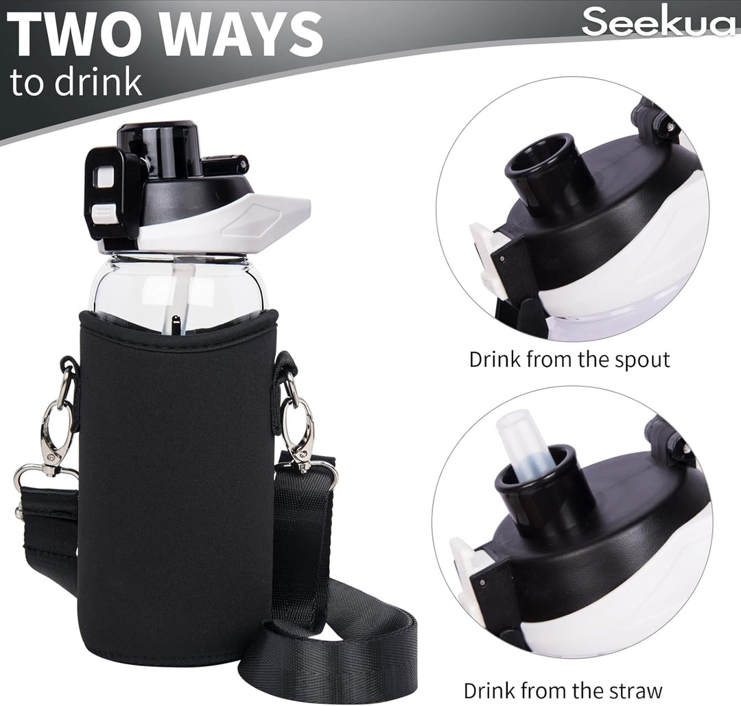 Seekua 0.6l Sport Trinkflasche Glas Flasche mit Strohhalm & Zeitmarkierung für Kinder, Schule 600ml