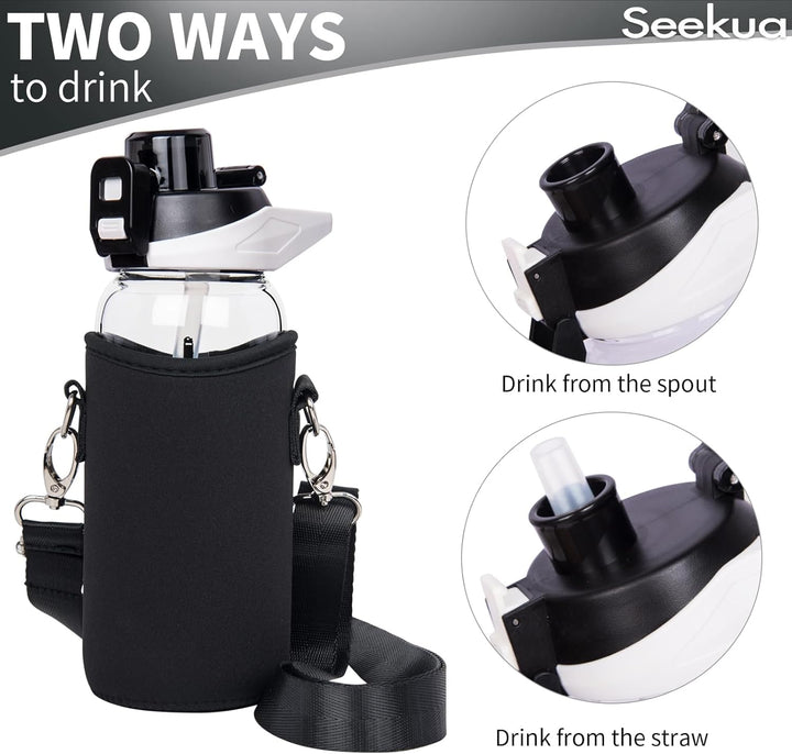 Seekua 0.6l Sport Trinkflasche Glas Flasche mit Strohhalm & Zeitmarkierung für Kinder, Schule 600ml