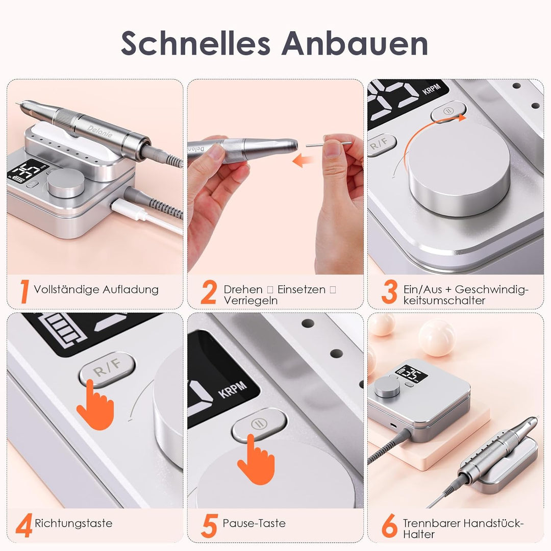 Delanie Elektrischer Nagelfräser für Gelnägel 35000 U/Min, Wiederaufladbar Nagel Fräser für Nägel mi