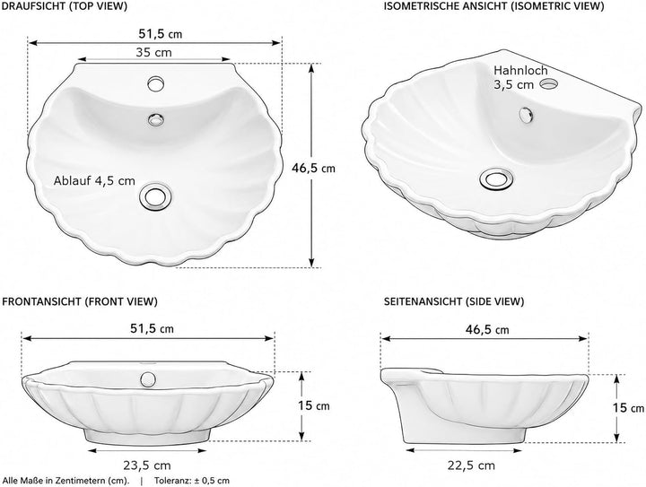 NEG Waschbecken Uno38A (Muschel-Form/oval) Aufsatz-Waschschale/Waschtisch (weiss) mit geschwungenem