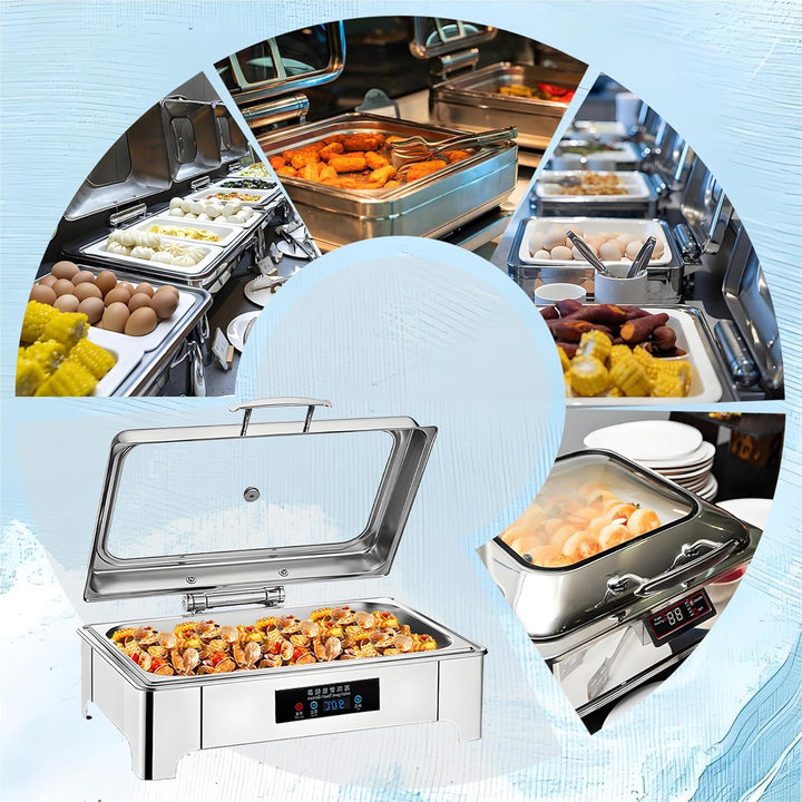 Chafing Dish Elektrisch, Edelstahl Speisewärmer Buffetwärmer 9L mit Sichtbarem Glasdeckel, Einstellb
