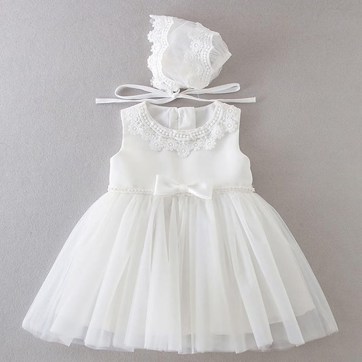Baby Mädchen Weiss Taufkleid mit Haube Neugeborenen Taufe Kleid Spitzenkleid für Hochzeit Geburtstag