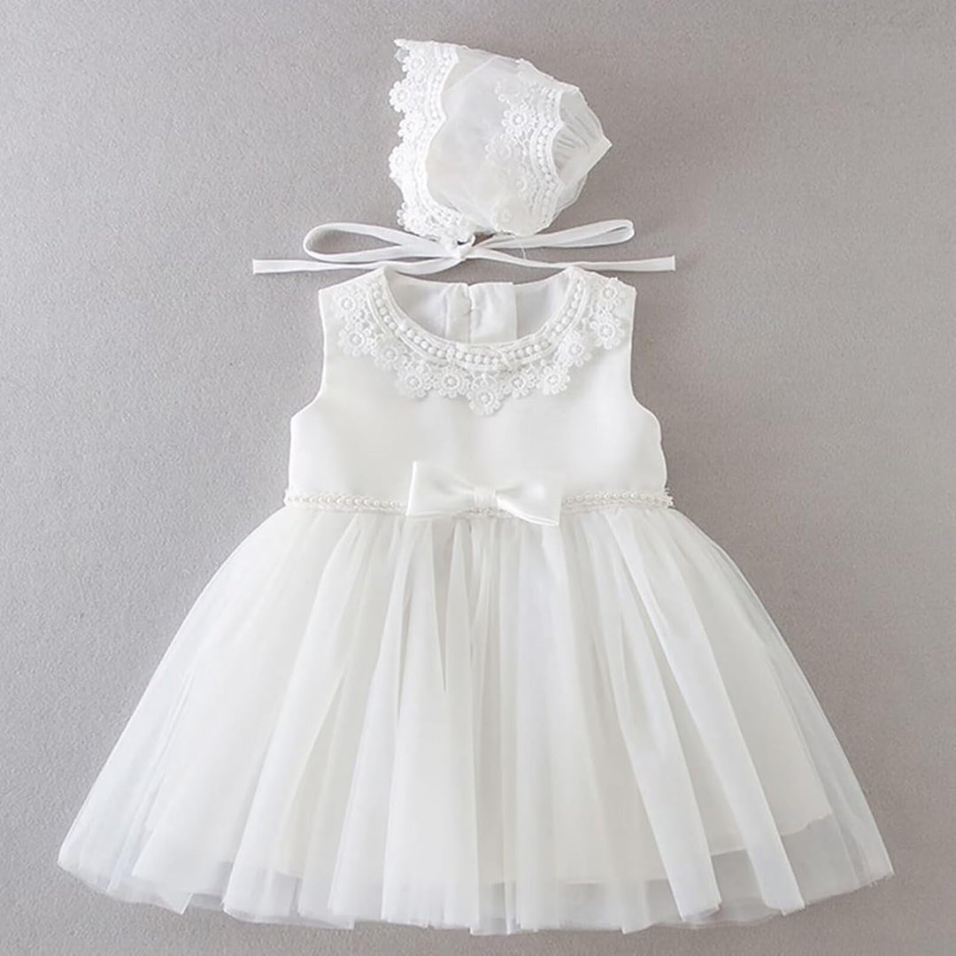 Baby Mädchen Weiss Taufkleid mit Haube Neugeborenen Taufe Kleid Spitzenkleid für Hochzeit Geburtstag