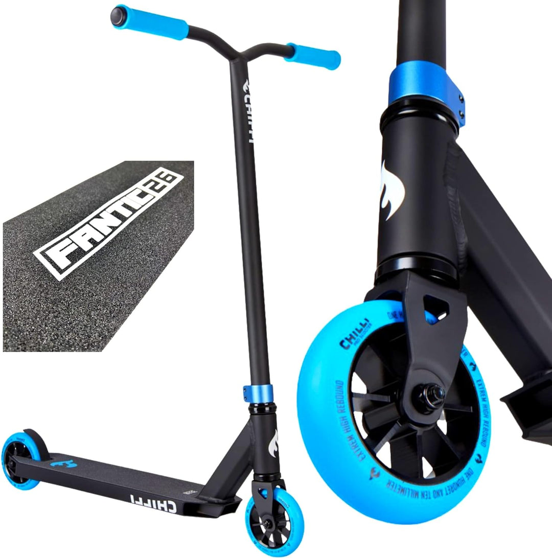 Chilli Pro Scooter Stunt-Scooter H=82cm Trick Tret Roller + Fantic26 Sticker Schwarz / Blau, Schwarz