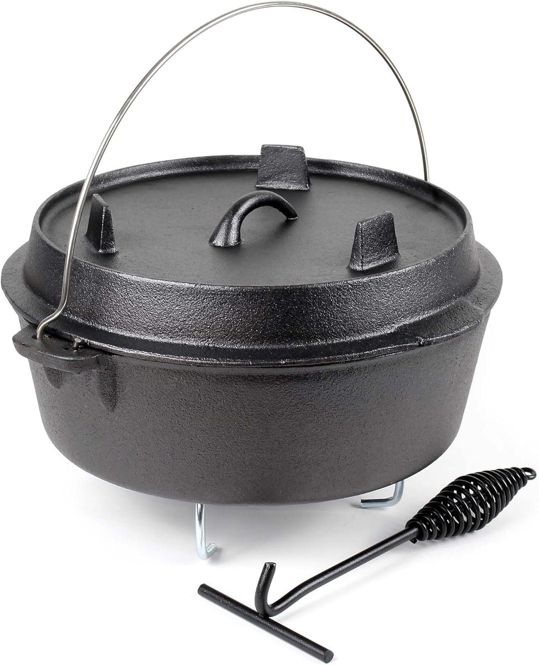 Wiltec Dutch Oven 8l mit Untersetzer und Deckelheber, Kochtopf aus Gusseisen für Lagerfeuer und Camp