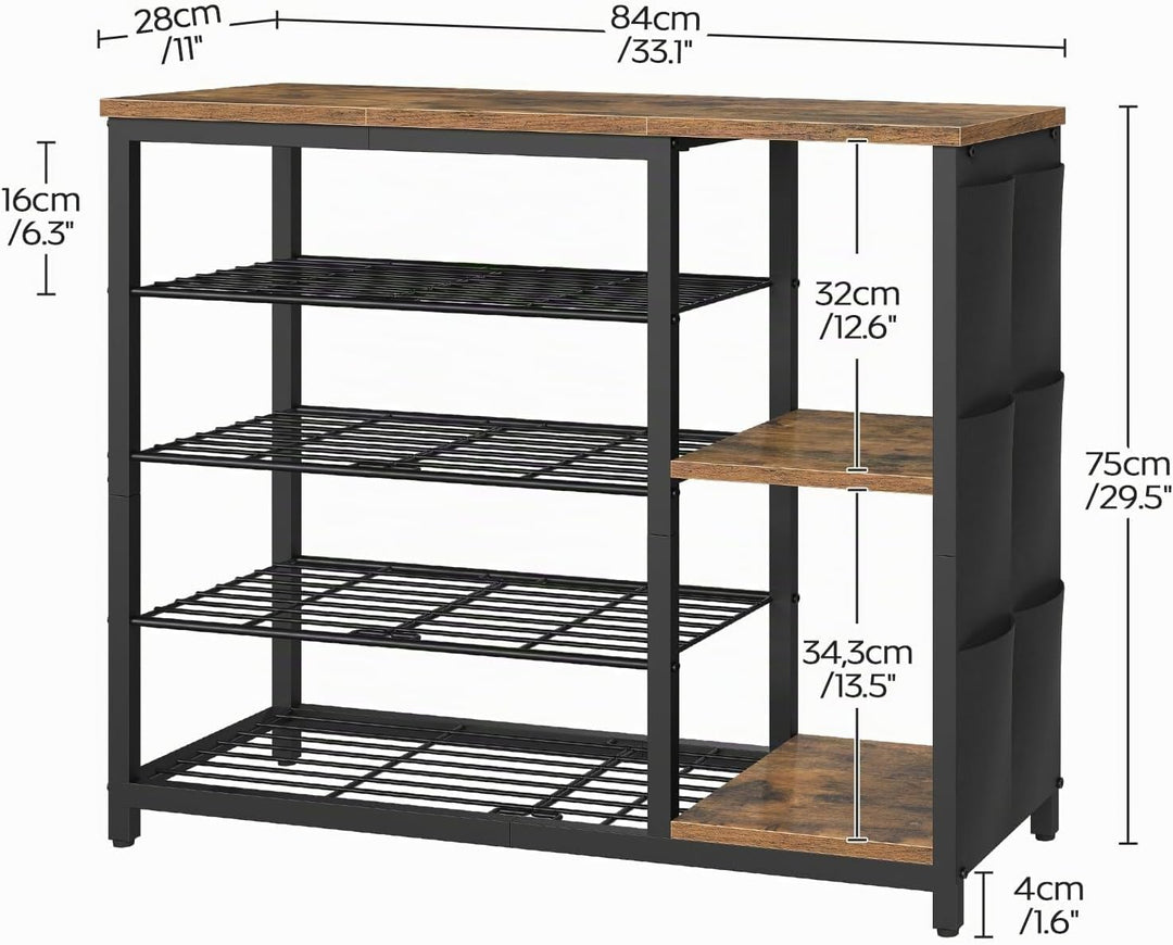 Schuhregal schmal und hoch, Schuhregal 5 Ebenen im Industriestil mit Seitentaschen, Holzoptik-Ablage