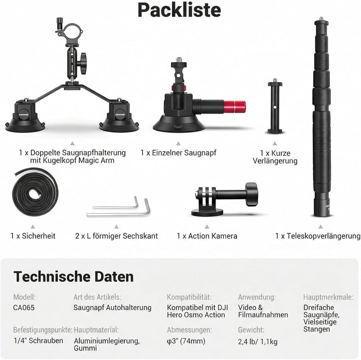 NEEWER Dreifach Saugnapf Auto Halterung für Action Kameras, CA065, CA065