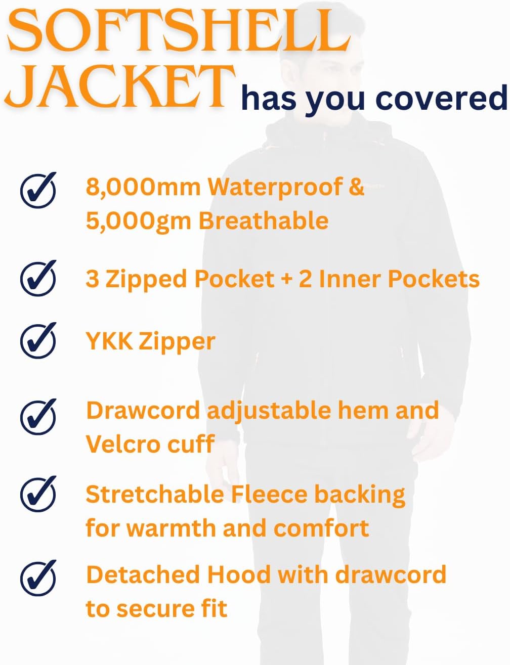 Acme Projects Mit Fleece gefütterte Softshell-Jacke für Herren mit Abnehmbarer Kapuze, wasserdicht,