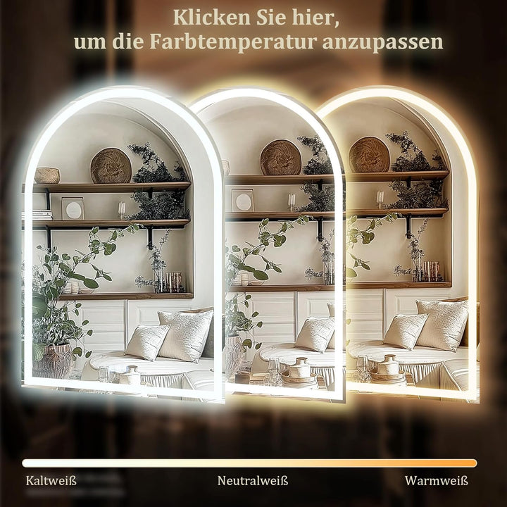 Koonmi LED Badspiegel 75 x 50 cm, dimmbar, Antibeschlag | Gewölbter Lichtspiegel mit 3 Lichtfarben,