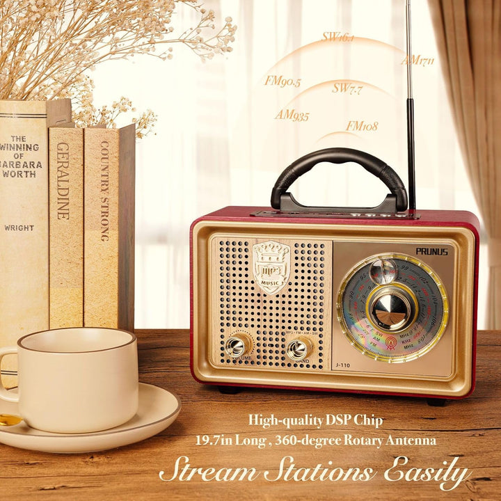 PRUNUS J-110 AM/FM/SW Kofferradio Retro Radio mit Bluetooth, Nostalgie Radio mit Gehäuse in Holzopti