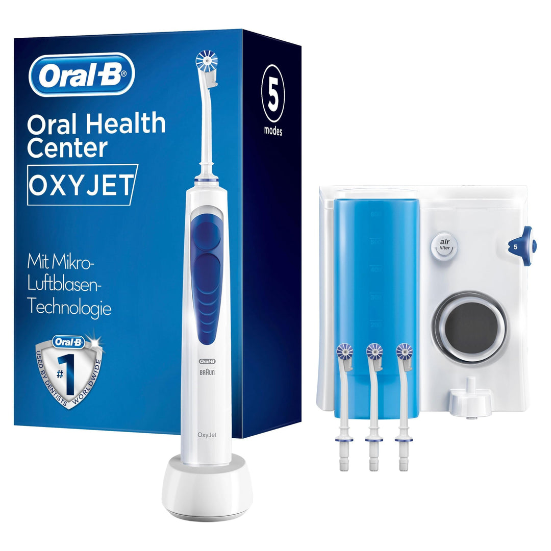 Oral-B OxyJet Reinigungssystem, mit Mikro-Luftblasen-Technologie, 4 Aufsteckdüsen, Weiss, Blau