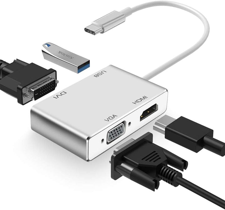 faersi 4K USB C zu HDMI Adapter, USB-C auf DVI HDMI VGA USB 3.0 Hub Multiport Adapter kompatibel mit