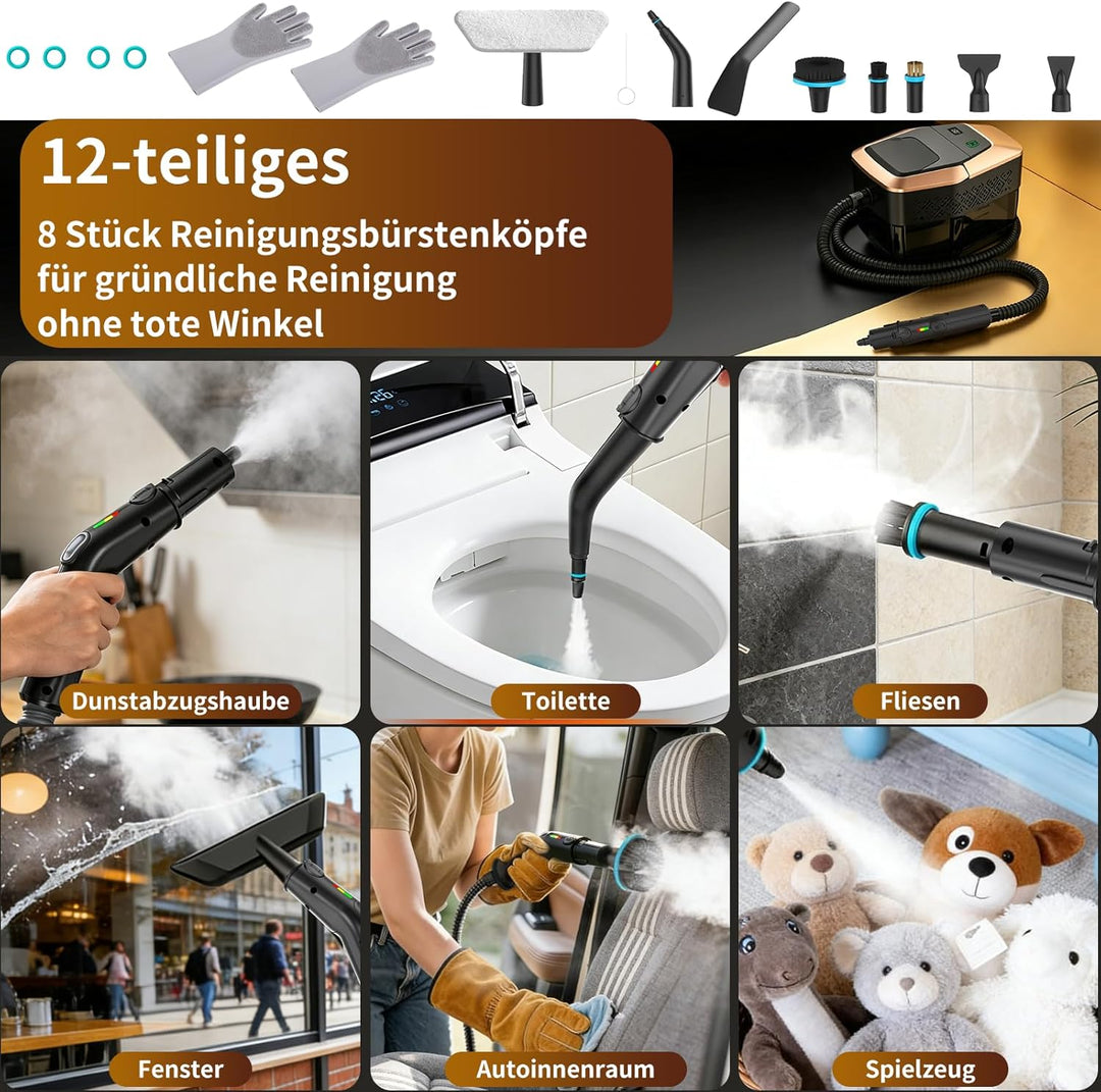 Dampfreiniger Handgerät, 2500W Handdampfreiniger mit Stufengriff, 8 Düsen, 1,8L Tank, 3 Dampfstufen,