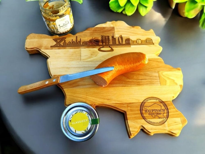 Saarlandbrett aus Holz, Juniorbrett mit der Skyline des Saarlandes, Geschenkidee aus dem Saarland, G