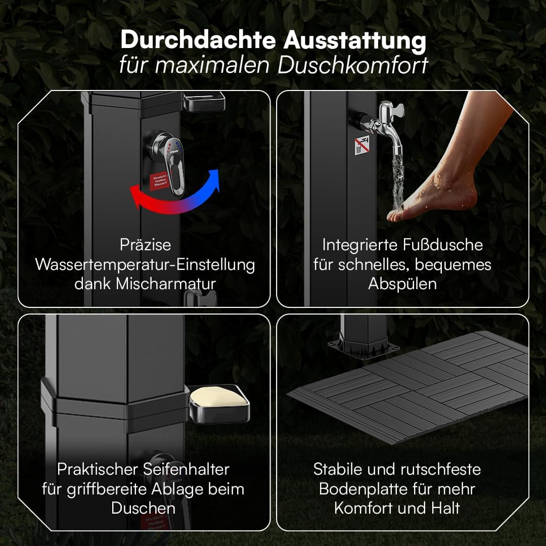 STEELSØN Xypher Solardusche mit Bodenplatte 60L – Gartendusche 60°C – Pooldusche ohne Stromanschluss