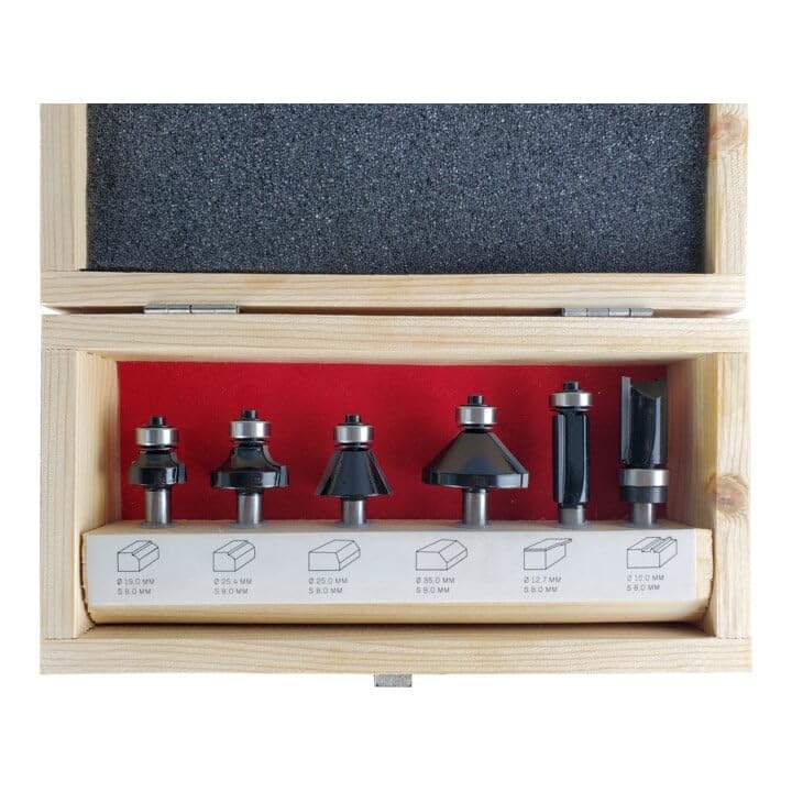 STIER Rand- und Kantenfräser Set, 6-teilig, 8 mm Schaft, Oberfräsen Fräser Set, Fräser für Oberfräse