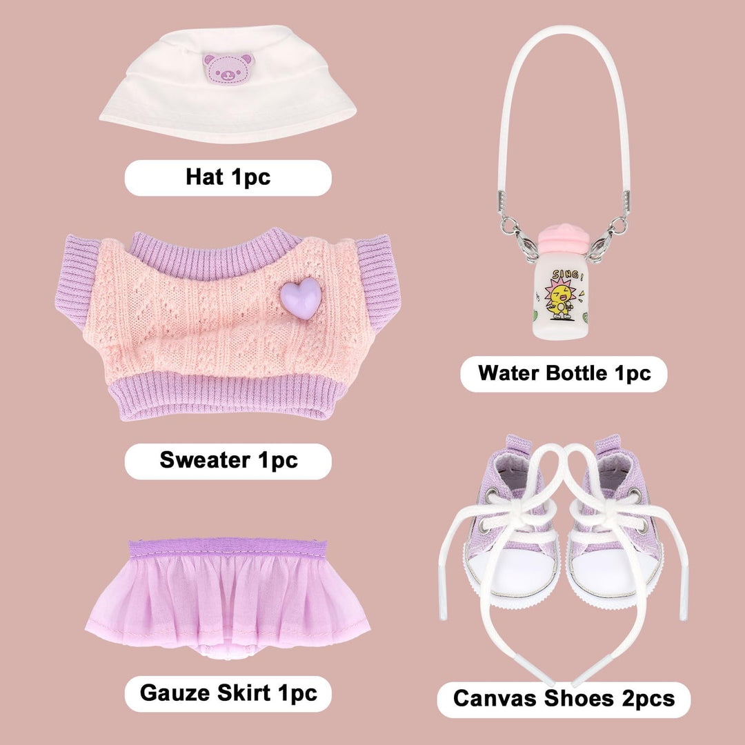 BOXOB Plüschpuppen Kleidung Set, 5stk Kawaii Outfit Enthält Pullover, Lila Tüllrock, Hut, Kleine Was