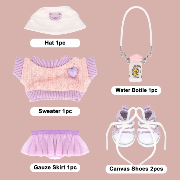 BOXOB Plüschpuppen Kleidung Set, 5stk Kawaii Outfit Enthält Pullover, Lila Tüllrock, Hut, Kleine Was