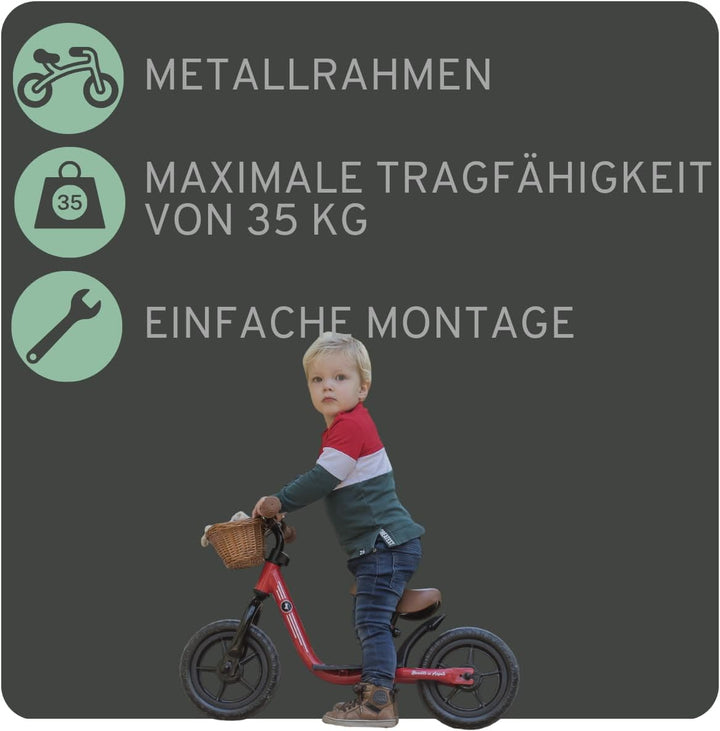 Bandits &amp; Angels Laufrad aus Metall mit Weidenkorb ab 2 Jahren – Lauflernrad – Verstellbarer Sattel