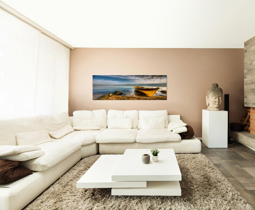Augenblicke Wandbilder Leinwandbild als Panorama in 150x50cm Meer Wasser Bucht Boot Wolkenschleier