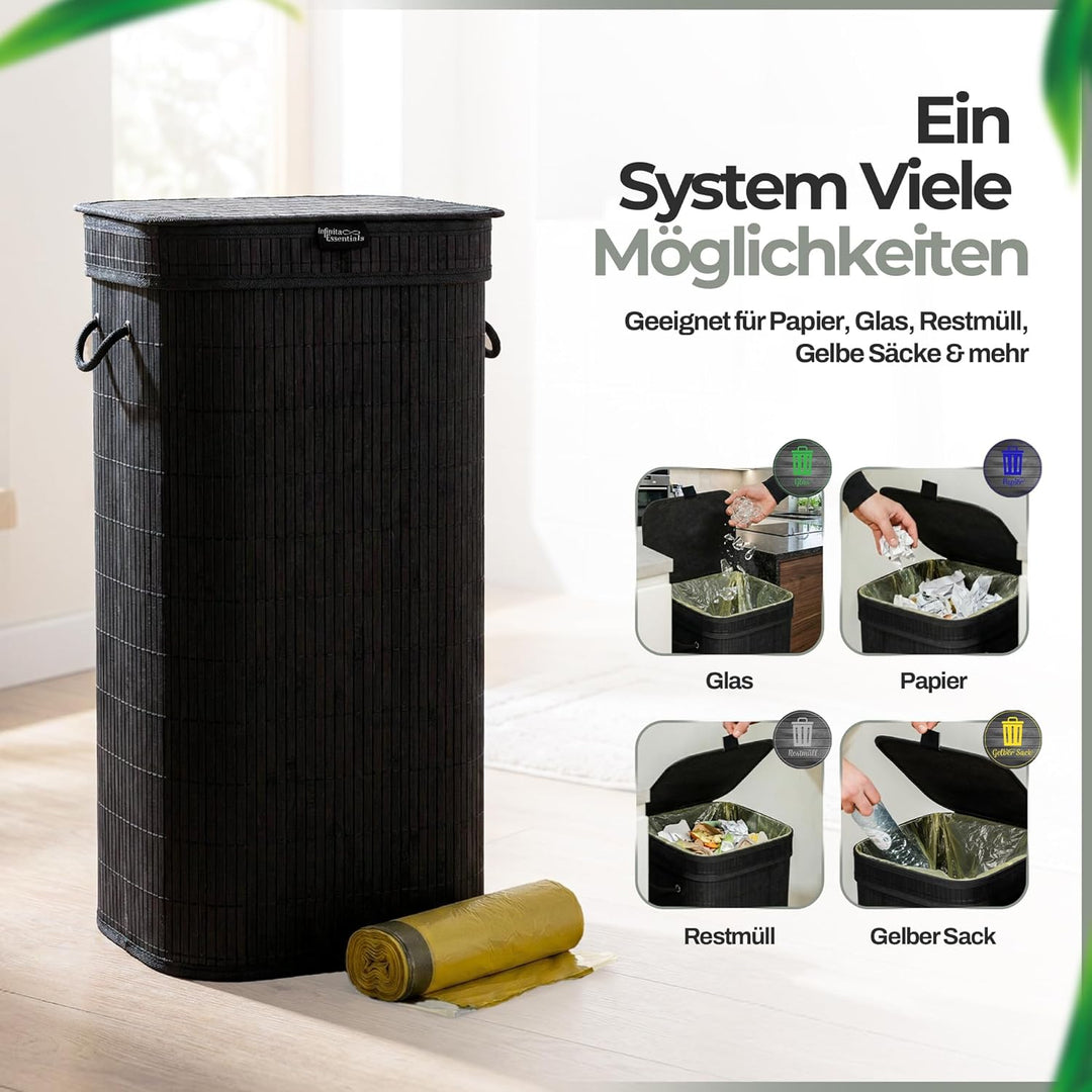 Gelber Sack Ständer aus Bambus – 70L Müllsackständer mit Deckel – Stabiler Behälter für Gelbe Säcke