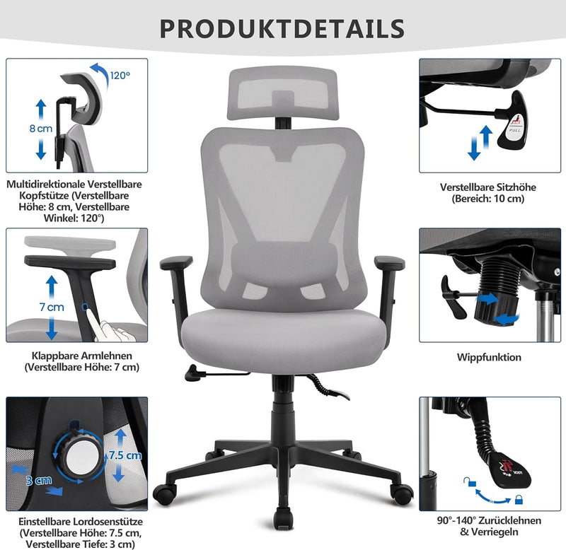 Yaheetech Bürostuhl Ergonomisch, Schreibtischstuhl mit Verstellbarer Kopfstütze, Armlehnen, Lendenwi