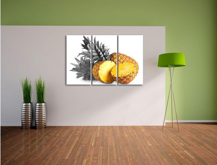 Pixxprint Frische Ananas Schwarz/Weiss 3-Teiler Leinwandbild 120x80 Bild auf Leinwand