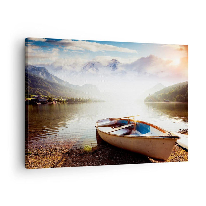 Bilder auf Leinwand Berge See Boot Leinwandbild mit Rahmen 70x50cm Wandbilder Dekoration Wohnzimmer