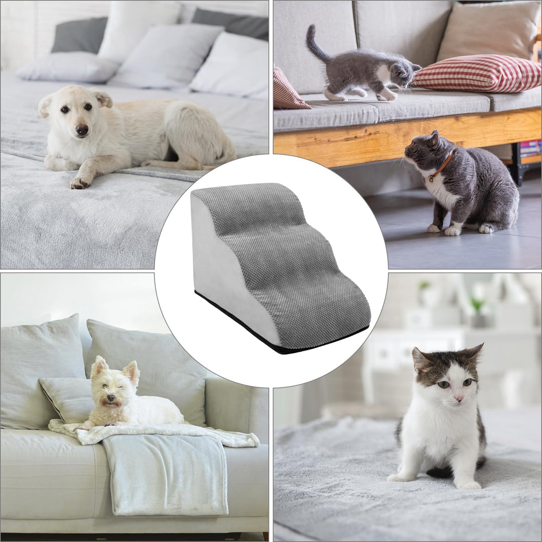 QWORK® Graue Hundetreppe, 3-Stufig, 60x40x40cm, Hochdichtem Schwamm, Abnehmbarem Waschbaren Hundetre