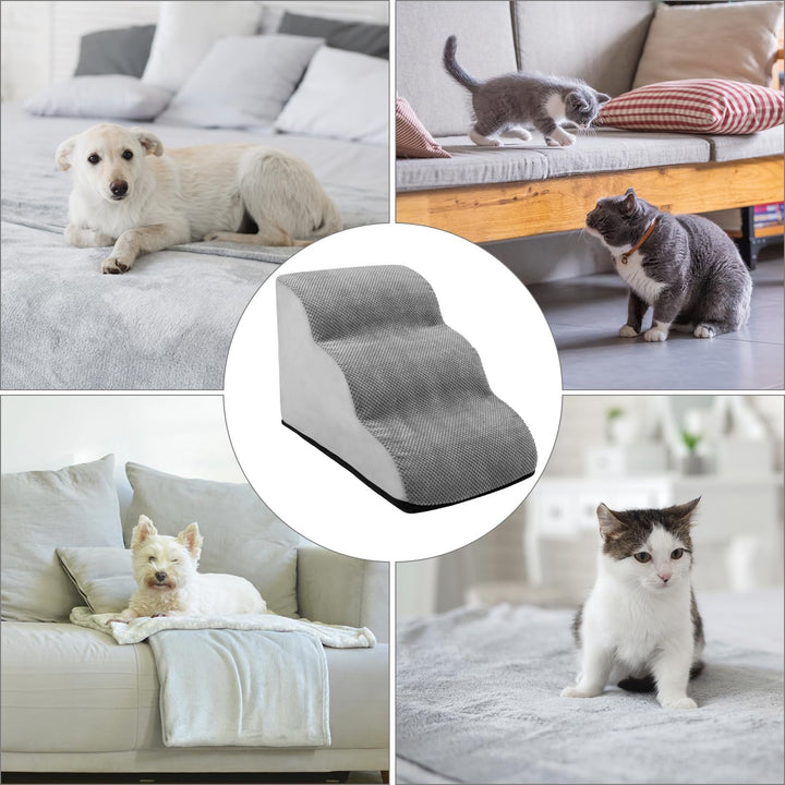 QWORK® Graue Hundetreppe, 3-Stufig, 60x40x40cm, Hochdichtem Schwamm, Abnehmbarem Waschbaren Hundetre