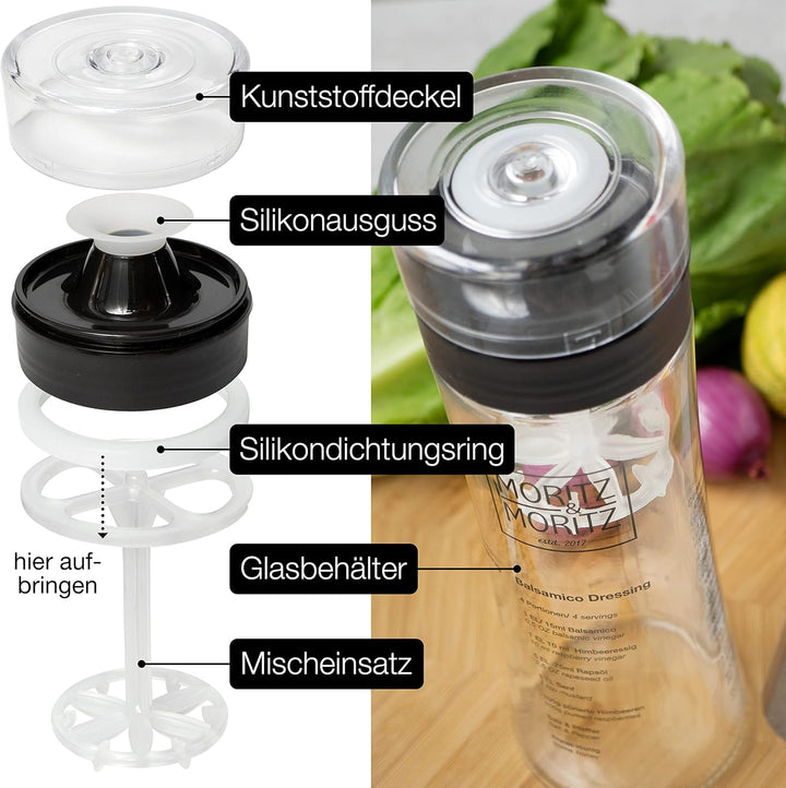 Moritz & Moritz 2-tlg. Set: Dressingshaker 500 ml + Salatbesteck – Salatdressing Shaker Glas mit Ska