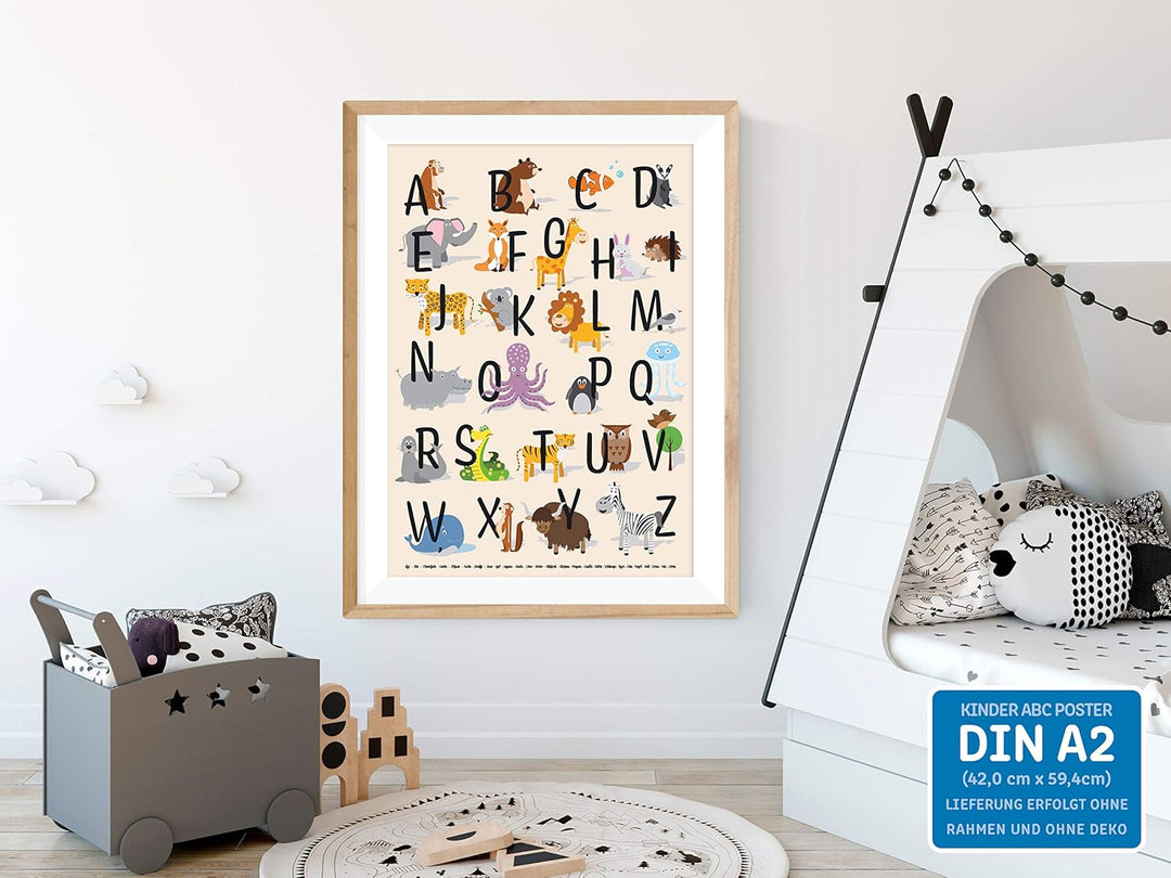 ABC Poster DIN A2 für Kinderzimmer, Alphabet Poster für Mädchen und Jungen, Buchstaben zum Lernen, T