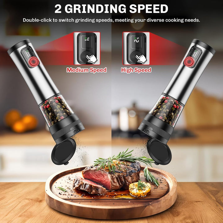 GVODE Elektrische Salz und Pfeffermühle Set, 800mAh Gewürzmühle Elektrisch mit USB Ladung, Edelstahl