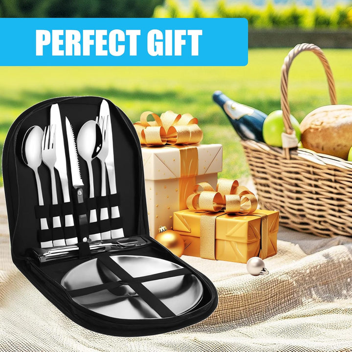 Camping Geschirr Set 2 Personen,12-teilig Besteckset mit Edelstahl Gabeln Tragbars Campingbesteck au