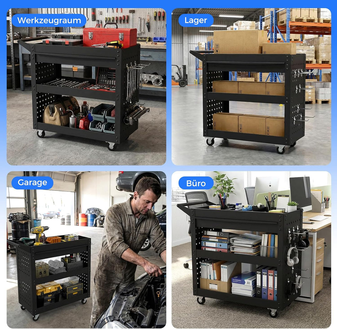 GOPLUS Werkstattwagen mit 3 Ebenen, Rollwagen mit Schublade, 2 Pegboards & 8 Haken, Werkzeugwagen au