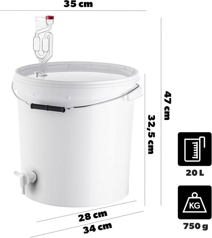 KADAX Gäreimer 20L Set mit Auslaufhahn, Gärröhrchen & Gummistopfen, Gärbehälter aus Kunststoff mit A