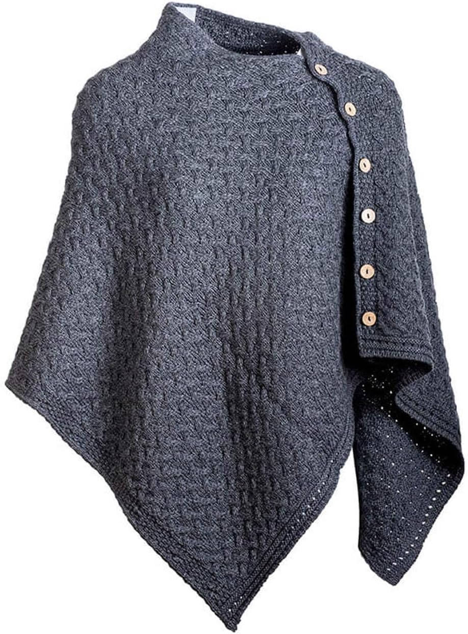Irischer Aran Poncho Strickponcho Umhang Wollponcho aus 100% Merinowolle für Damen Einheitsgrösse Ho