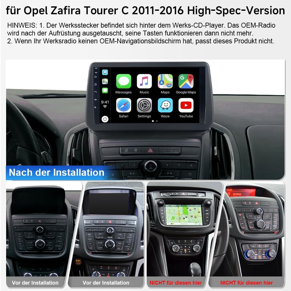 Android 15 Autoradio 9 Zoll Touch Display 4+64GB für Opel Zafira Tourer C 2011–2016, Bluetooth 5.4,