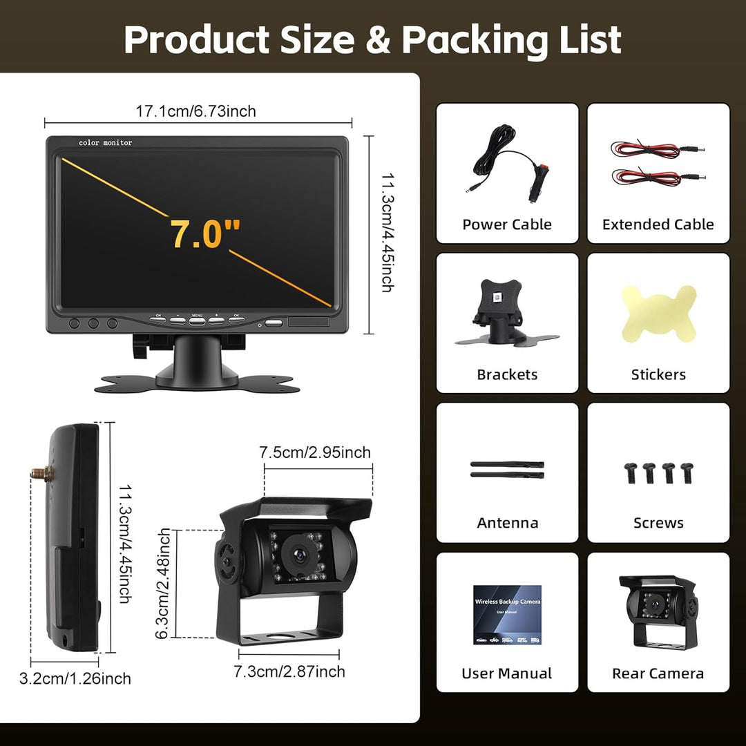 Hikity 12-36 Volt Digital 7 Zoll LCD Monitor Rückfahrkamera Kabellos Set, IP68 wasserdichte Nachtsic