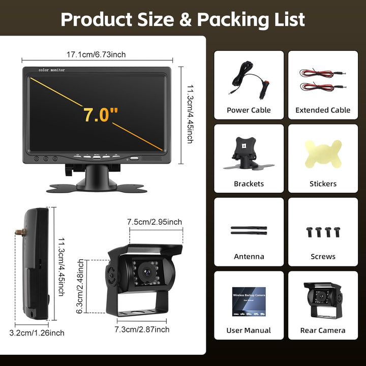 Hikity 12-36 Volt Digital 7 Zoll LCD Monitor Rückfahrkamera Kabellos Set, IP68 wasserdichte Nachtsic
