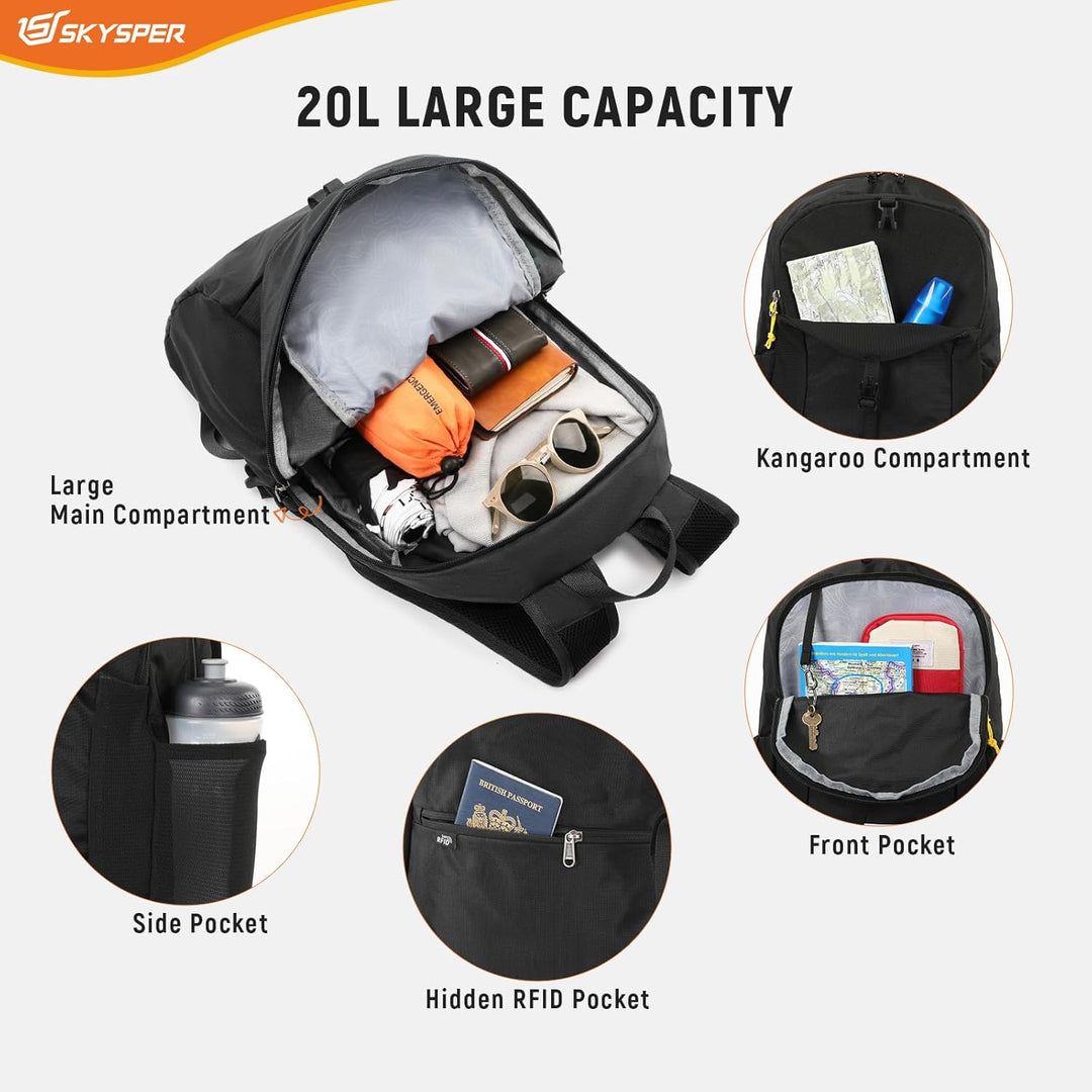 SKYSPER Faltbarer Rucksack RFID-Schutz, 20L kleiner Rucksack Wanderrucksack Damen Herren Tagesrucksa