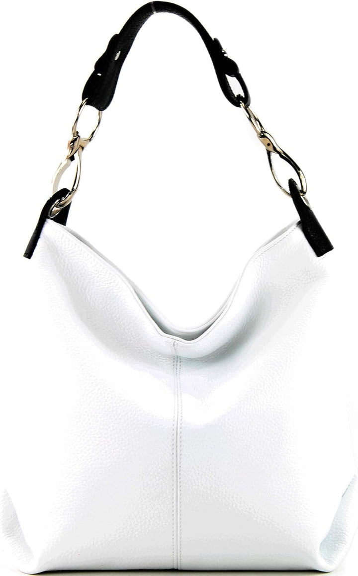 modamoda de T168 Damen Leder Schultertasche, handmade in Italy Weiss/Schwarz, Weiss/Schwarz