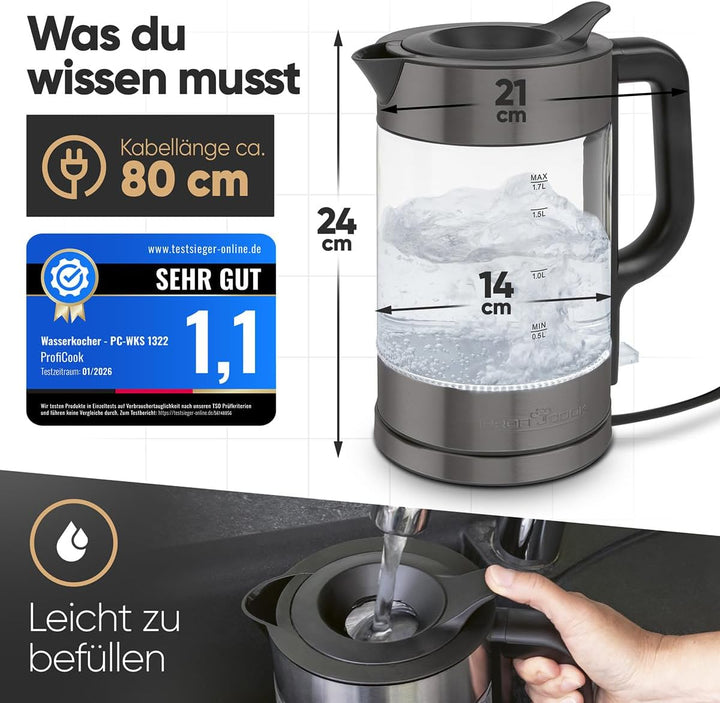 ProfiCook® Wasserkocher Glas | 1,7L | 2200W | beleuchtet | BPA frei | Einhandbedienung | 360° drehba